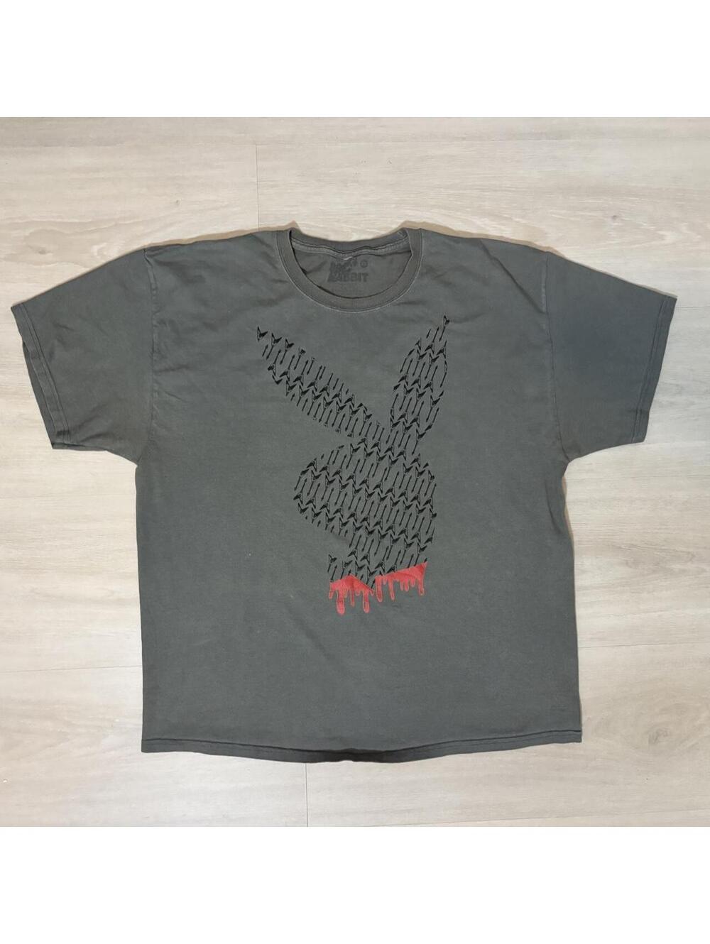 Playboy Rabbit Graphic T Shirt XL Dark Green Red Drip Logo Y2K Grunge Streetwear